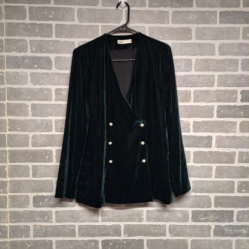ZARA Blazer Jacket Women Medium Deep Green Velvet Double Breasted Pearl‎ Buttons